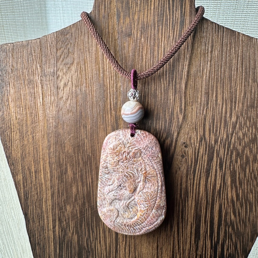 Handcrafted Coral Fossil Lady Pendant Necklace, Botswana Agate on Brown Rope - Picture 6 of 13